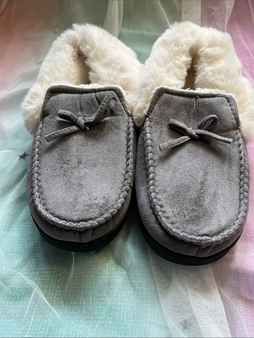 Men Gray Faux-Fur Lined Slip-On Moccasin Slippers